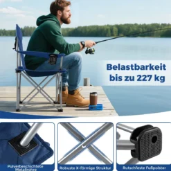 2er Set Faltbarer Campingstuhl mit Kühltasche & Getränkehalter 227KG Belastbar Gepolsterter Angelstuhl Navy
