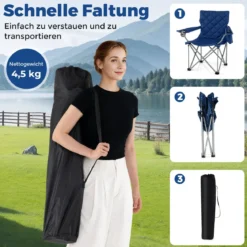 2er Set Faltbarer Campingstuhl mit Kühltasche & Getränkehalter 227KG Belastbar Gepolsterter Angelstuhl Navy