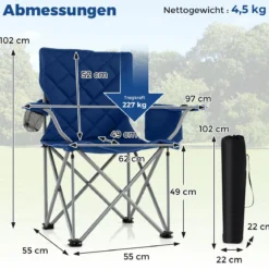 2er Set Faltbarer Campingstuhl mit Kühltasche & Getränkehalter 227KG Belastbar Gepolsterter Angelstuhl Navy