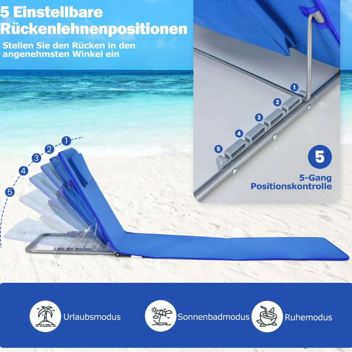 2er Set Faltbare Strandmatte mit 2 Liegestühlen und Beistelltisch 151 x 55,5 x 27-47 Blau