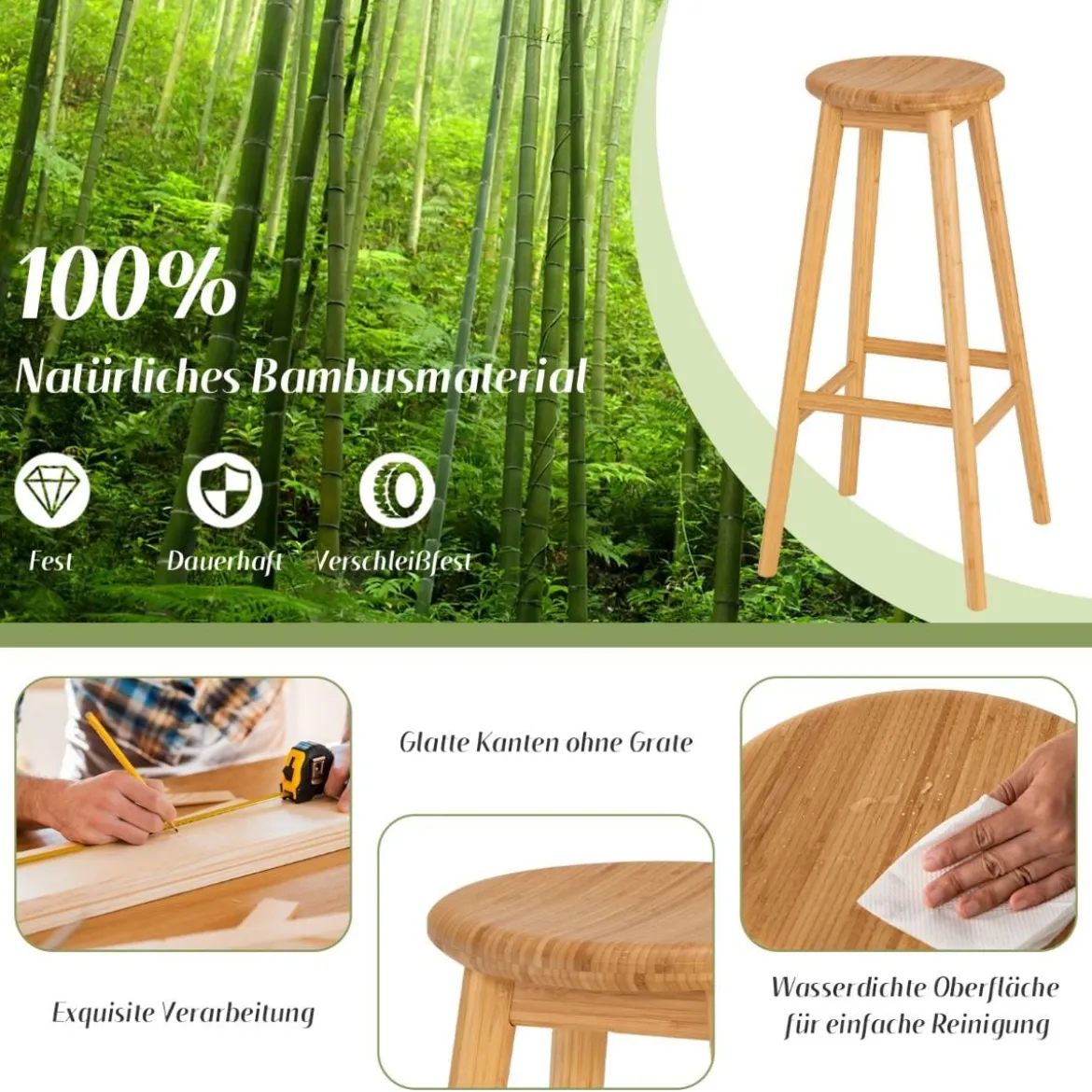 2er-Set Frühstücksstühle Barhocker aus Bambus 38 x 38 x 79 cm Natur