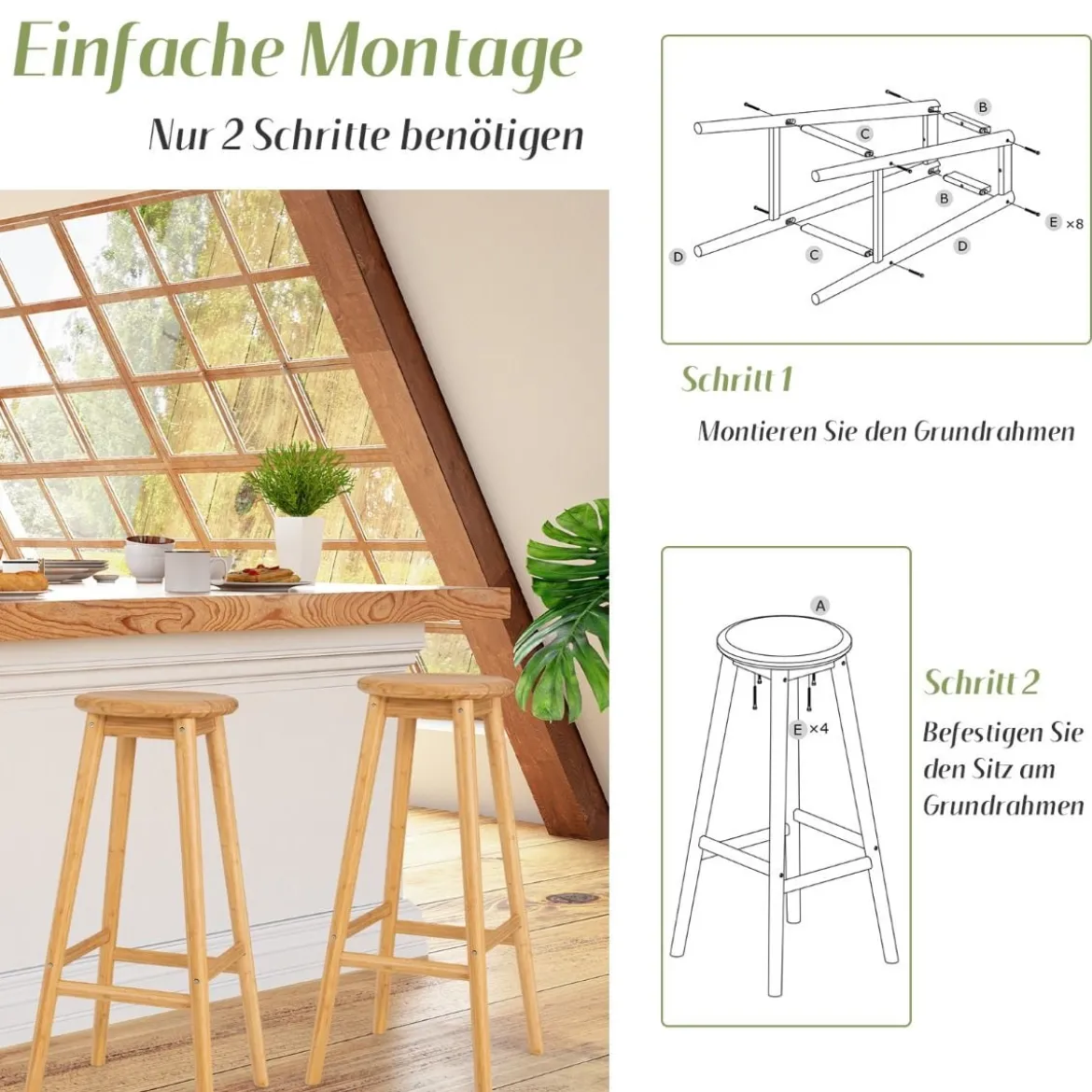 2er-Set Frühstücksstühle Barhocker aus Bambus 38 x 38 x 79 cm Natur