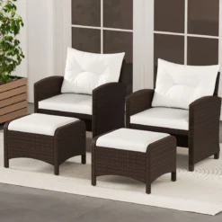 2er Set Fußhocker aus PE-Rattan Gartenhocker mit Abnehmbarem Sitzkissen Metallkonstruktion