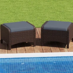 2er Set Fußhocker aus PE-Rattan Gartenhocker mit Abnehmbarem Sitzkissen Metallkonstruktion