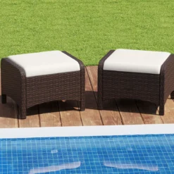 2er Set Fußhocker aus PE-Rattan Gartenhocker mit Abnehmbarem Sitzkissen Metallkonstruktion