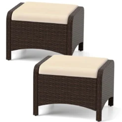 2er Set Fußhocker aus PE-Rattan Gartenhocker mit Abnehmbarem Sitzkissen Metallkonstruktion