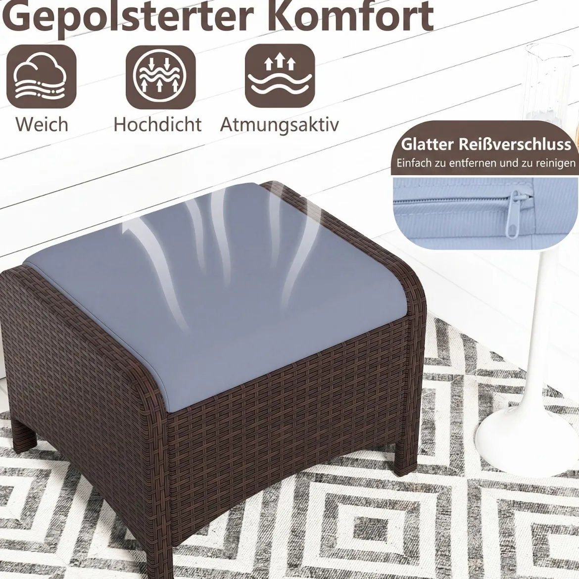 2er Set Fußhocker aus PE-Rattan Gartenhocker mit Abnehmbarem Sitzkissen Metallkonstruktion