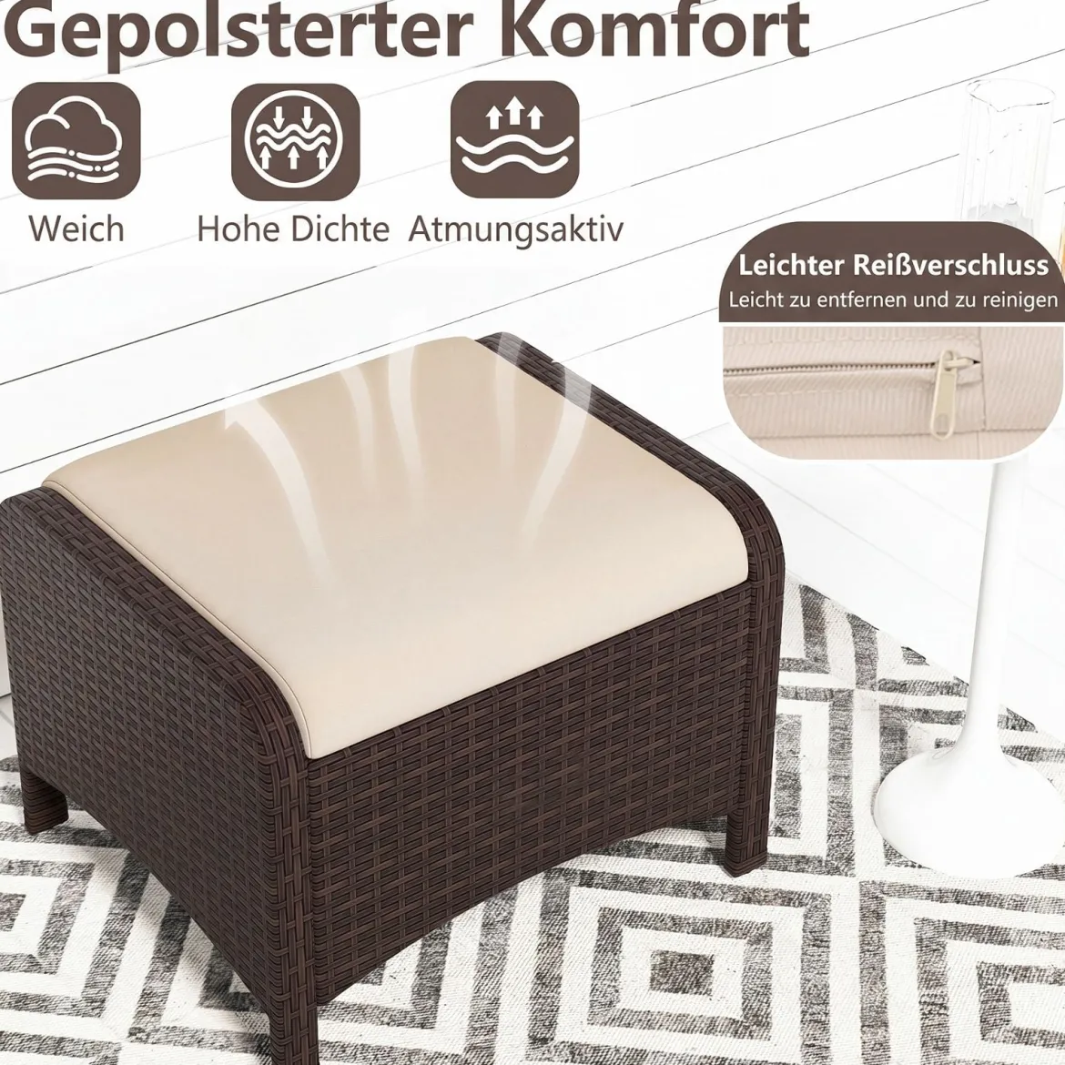 2er Set Fußhocker aus PE-Rattan Gartenhocker mit Abnehmbarem Sitzkissen Metallkonstruktion