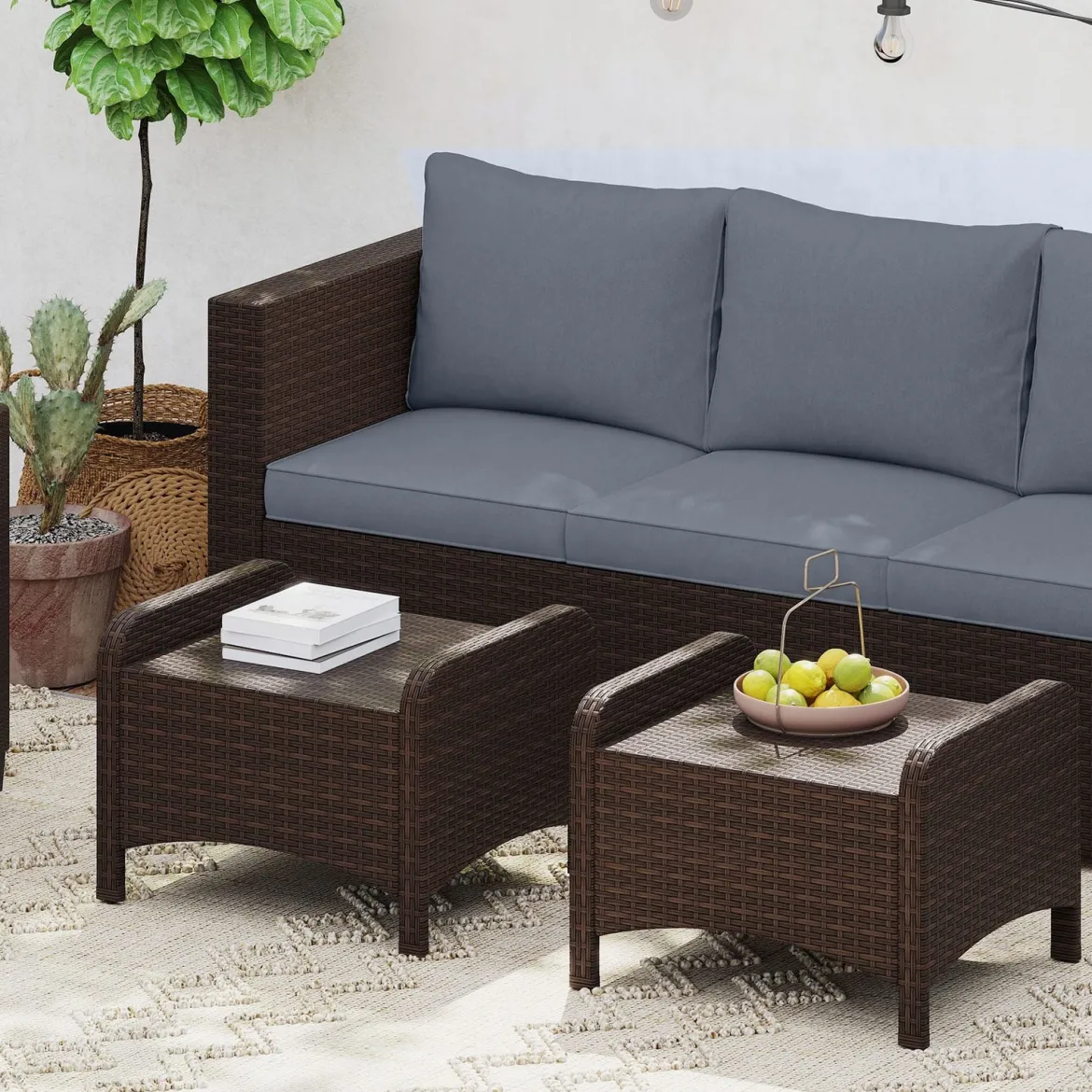 2er Set Fußhocker aus PE-Rattan Gartenhocker mit Abnehmbarem Sitzkissen Metallkonstruktion