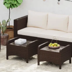 2er Set Fußhocker aus PE-Rattan Gartenhocker mit Abnehmbarem Sitzkissen Metallkonstruktion