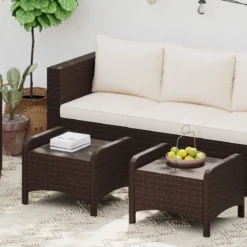 2er Set Fußhocker aus PE-Rattan Gartenhocker mit Abnehmbarem Sitzkissen Metallkonstruktion