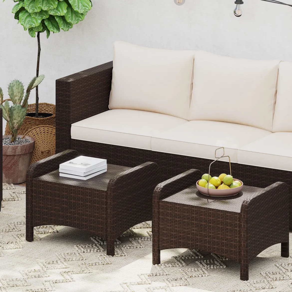 2er Set Fußhocker aus PE-Rattan Gartenhocker mit Abnehmbarem Sitzkissen Metallkonstruktion