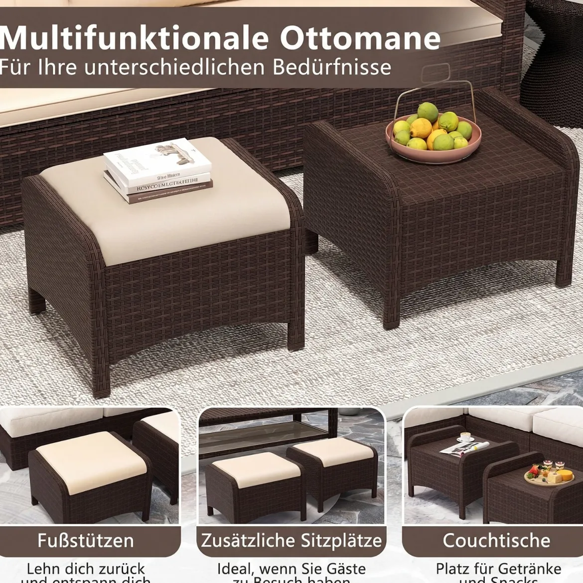 2er Set Fußhocker aus PE-Rattan Gartenhocker mit Abnehmbarem Sitzkissen Metallkonstruktion