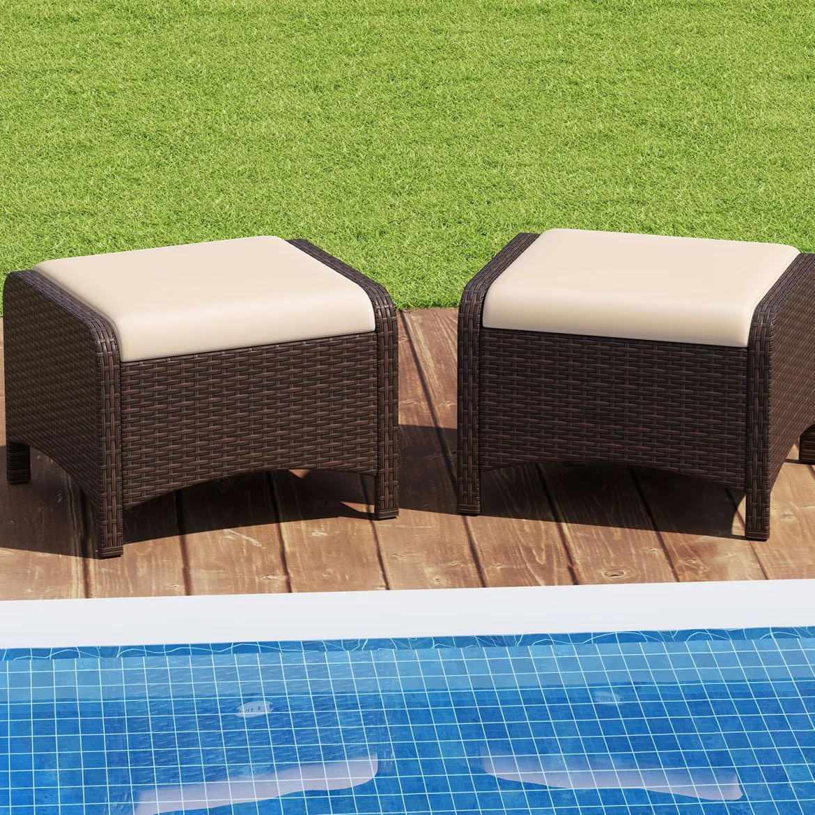 2er Set Fußhocker aus PE-Rattan Gartenhocker mit Abnehmbarem Sitzkissen Metallkonstruktion