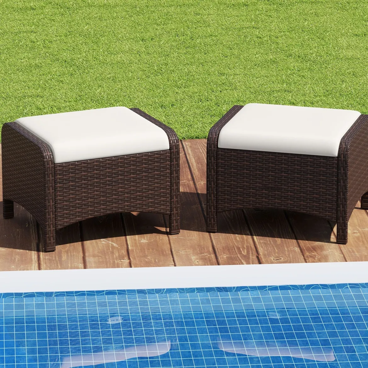 2er Set Fußhocker aus PE-Rattan Gartenhocker mit Abnehmbarem Sitzkissen Metallkonstruktion