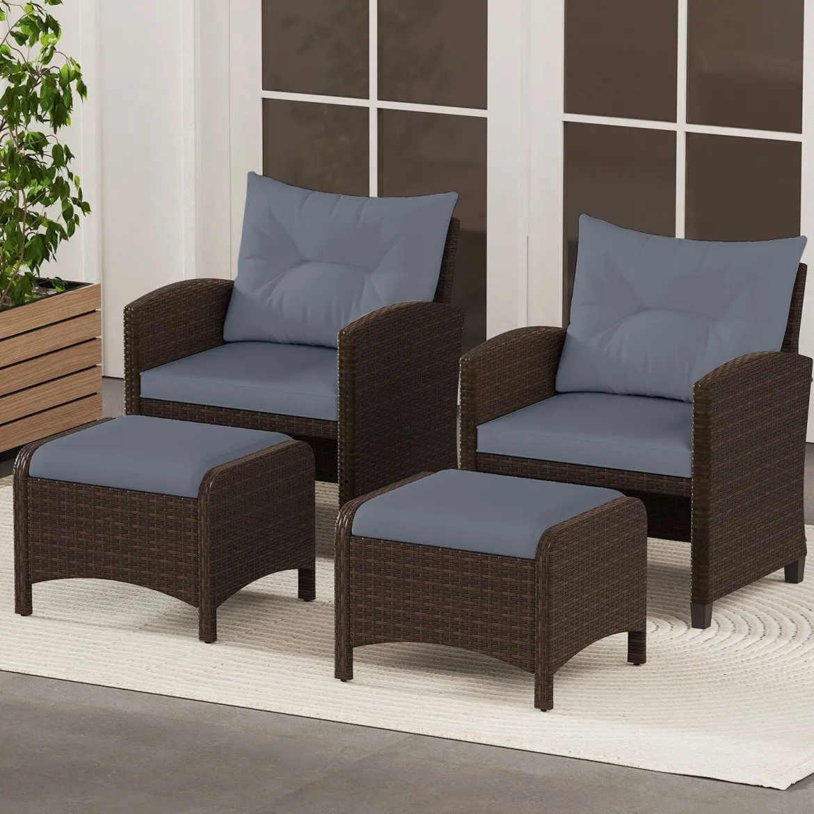 2er Set Fußhocker aus PE-Rattan Gartenhocker mit Abnehmbarem Sitzkissen Metallkonstruktion