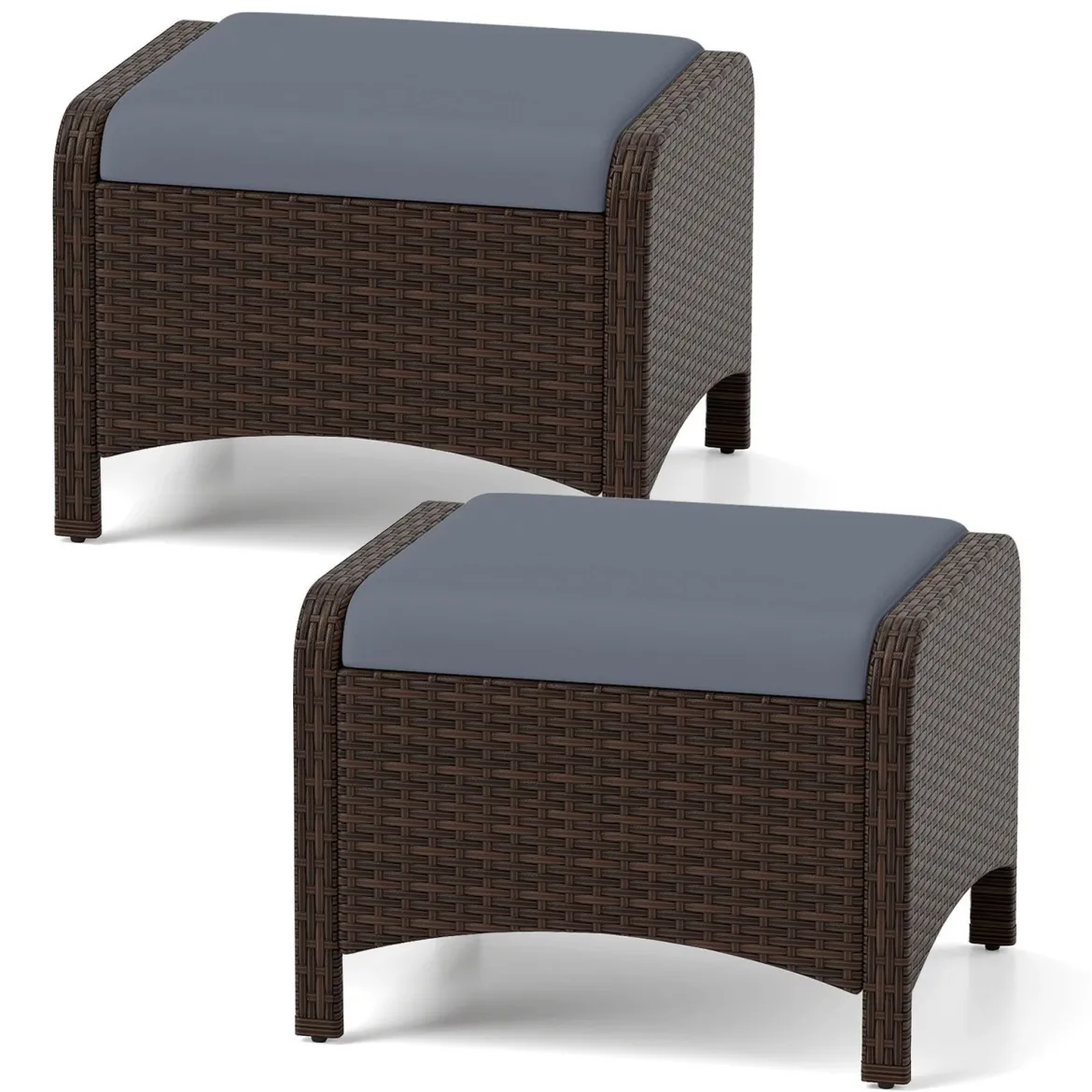 2er Set Fußhocker aus PE-Rattan Gartenhocker mit Abnehmbarem Sitzkissen Metallkonstruktion