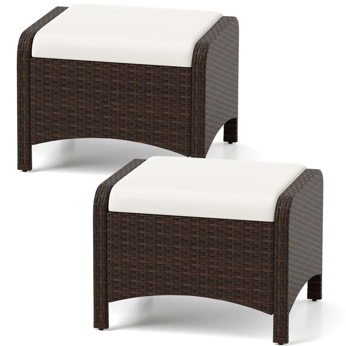 2er Set Fußhocker aus PE-Rattan Gartenhocker mit Abnehmbarem Sitzkissen Metallkonstruktion