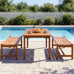 2er Set Gartenbank aus Holz Outdoor Holzbank mit Teaköl-Finish und Geschwungener Sitzfläche
