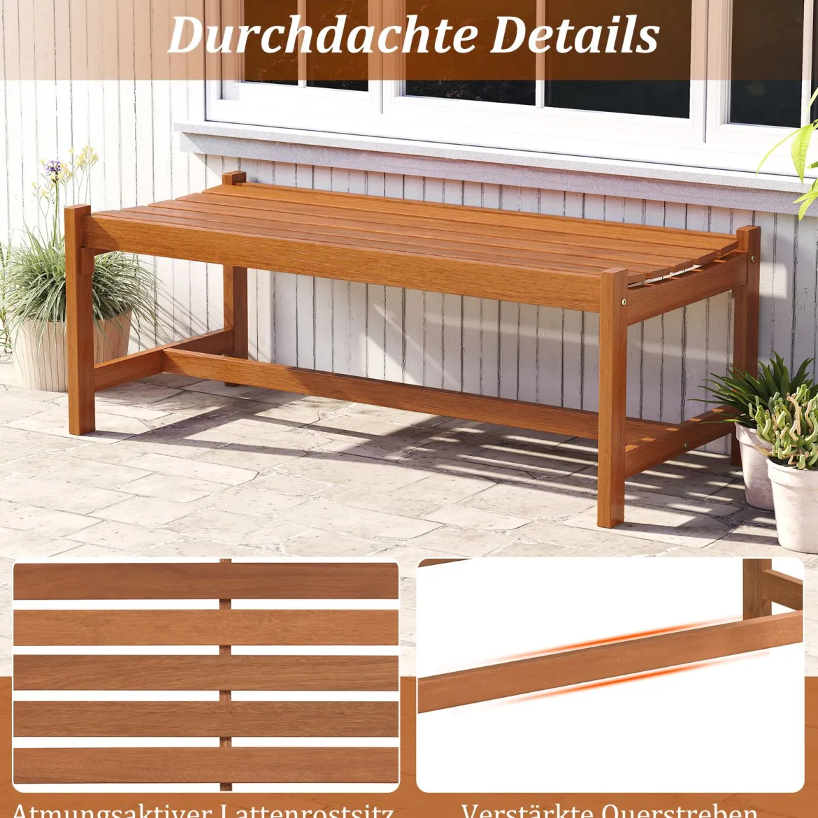 2er Set Gartenbank aus Holz Outdoor Holzbank mit Teaköl-Finish und Geschwungener Sitzfläche