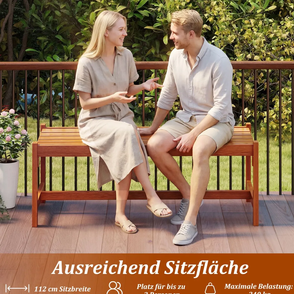 2er Set Gartenbank aus Holz Outdoor Holzbank mit Teaköl-Finish und Geschwungener Sitzfläche