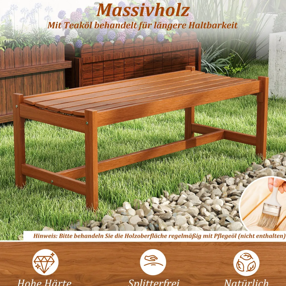 2er Set Gartenbank aus Holz Outdoor Holzbank mit Teaköl-Finish und Geschwungener Sitzfläche