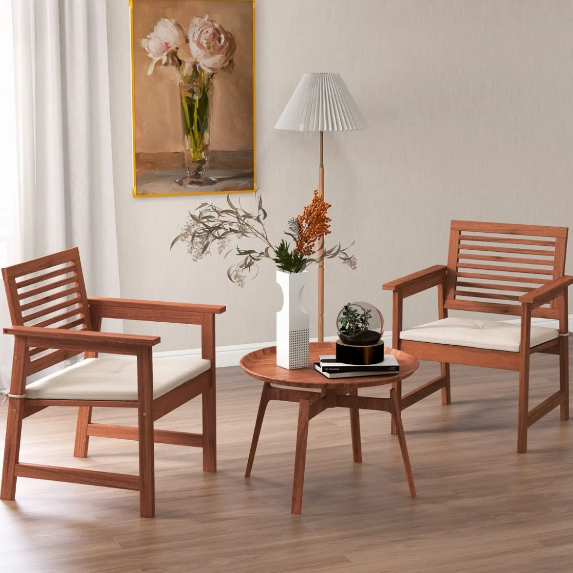 2er Set Garten Essstühle aus Massivholz mit Kissen & Armlehne Gartenstühle Gartensessel 61 x 61 x 81 cm