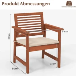 2er Set Garten Essstühle aus Massivholz mit Kissen & Armlehne Gartenstühle Gartensessel 61 x 61 x 81 cm