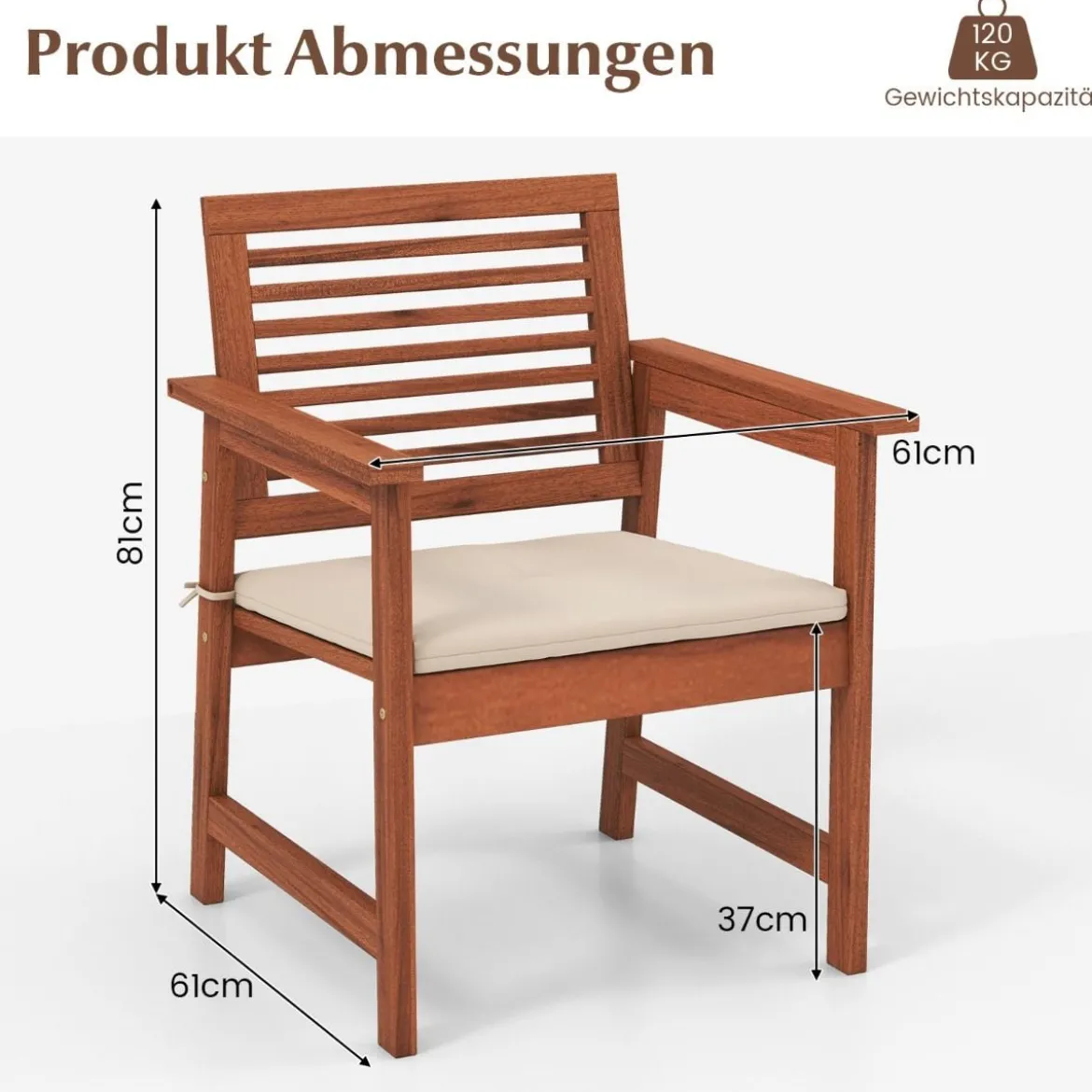 2er Set Garten Essstühle aus Massivholz mit Kissen & Armlehne Gartenstühle Gartensessel 61 x 61 x 81 cm