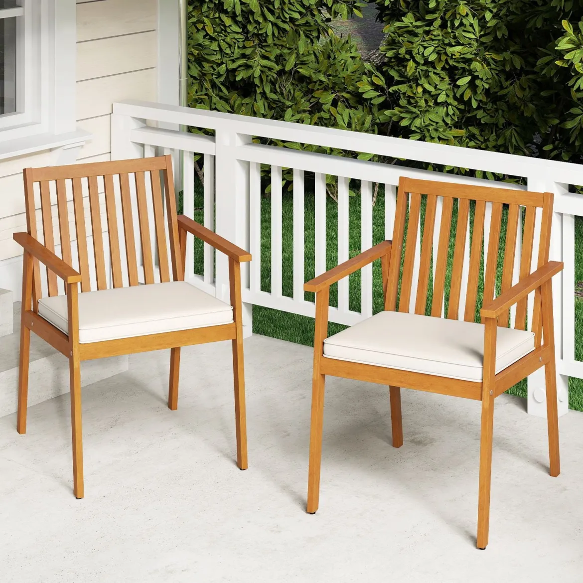 2er Set Garten Esszimmerstühle Outdoor Akazienholz Stühle mit abnehmbarem gepolstertem Kissen Natur