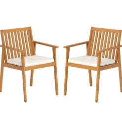 2er Set Garten Esszimmerstühle Outdoor Akazienholz Stühle mit abnehmbarem gepolstertem Kissen Natur