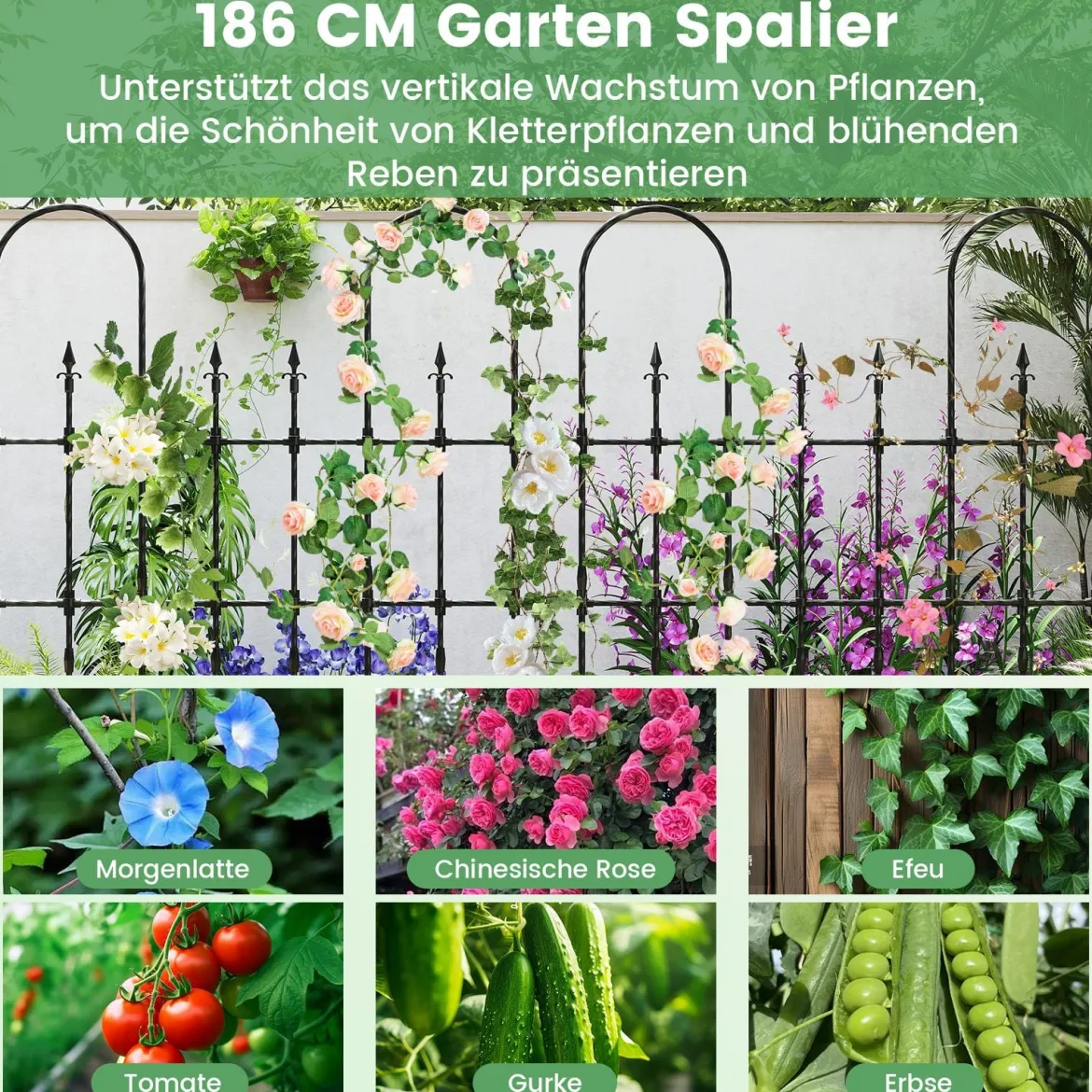 2er Set Garten Spalier für Kletterpflanzen Rostfreier Metall Pflanzenstützrahmen für Hochbeet