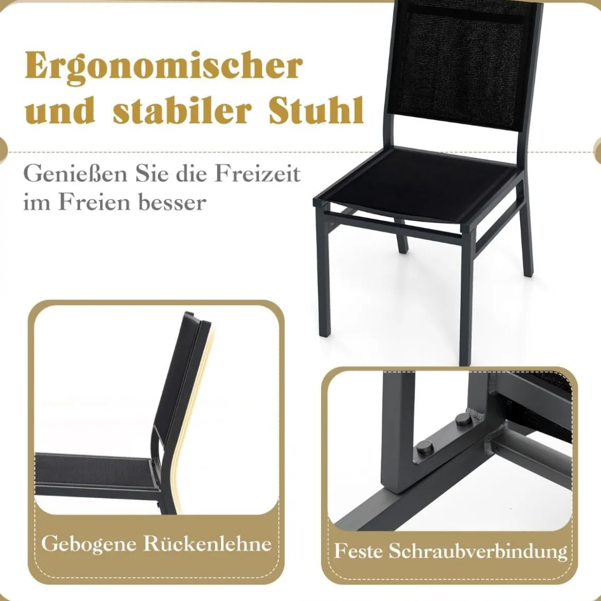 2er Set Gartenstühle Alu wetterfeste Terrassenstühle mit atmungsaktivem Sitz und Rückenlehn 60 x 45 x 87 cm Schwarz