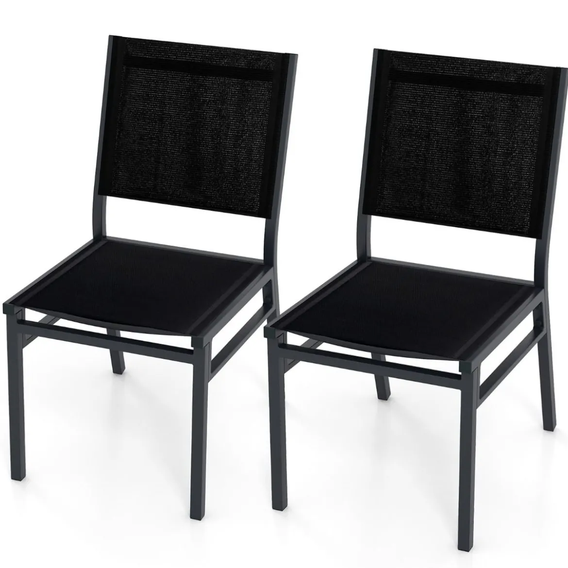 2er Set Gartenstühle Alu wetterfeste Terrassenstühle mit atmungsaktivem Sitz und Rückenlehn 60 x 45 x 87 cm Schwarz