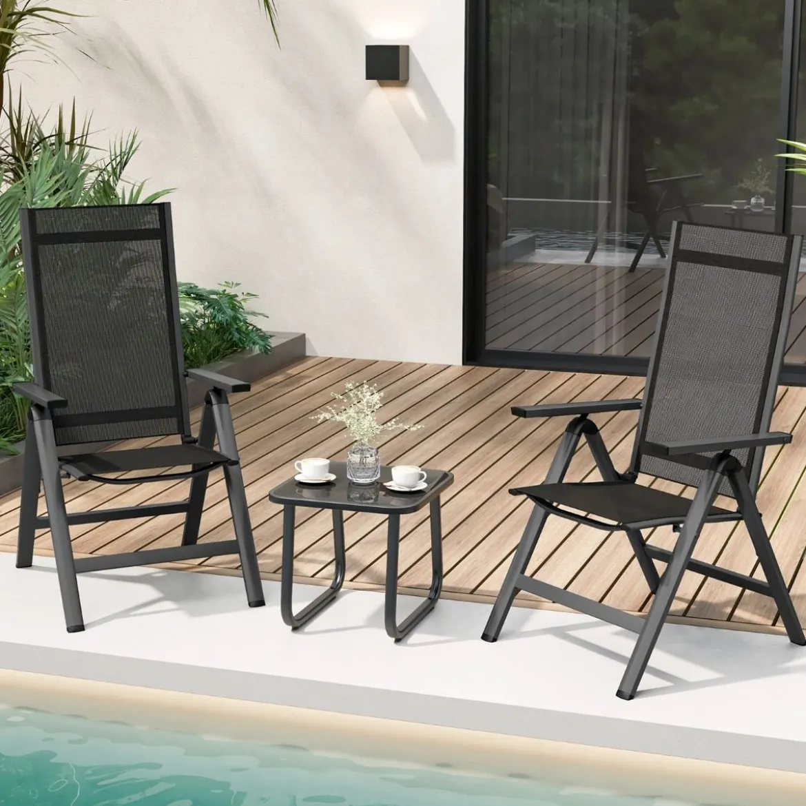 2er Set Gartenstühle Alu wetterfester Klappstuhl mit 7-Fach Verstellbarer Rückenlehne Schwarz