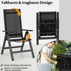 2er Set Gartenstühle Alu wetterfester Klappstuhl mit 7-Fach Verstellbarer Rückenlehne Schwarz
