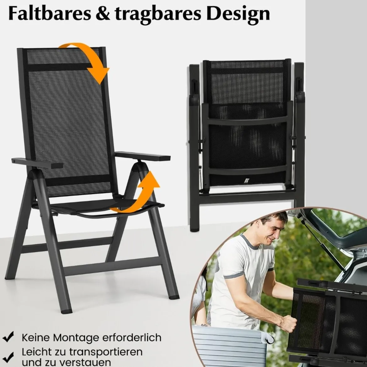 2er Set Gartenstühle Alu wetterfester Klappstuhl mit 7-Fach Verstellbarer Rückenlehne Schwarz