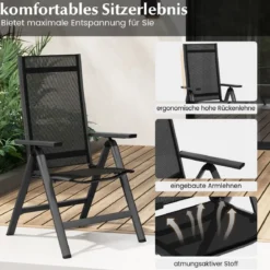 2er Set Gartenstühle Alu wetterfester Klappstuhl mit 7-Fach Verstellbarer Rückenlehne Schwarz