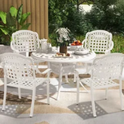 2er Set Gartenstühle aus Alu mit Armlehnen Stapelstühle Gartensessel für Balkon Weiß