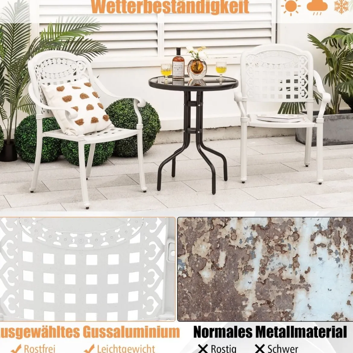 2er Set Gartenstühle aus Alu mit Armlehnen Stapelstühle Gartensessel für Balkon Weiß