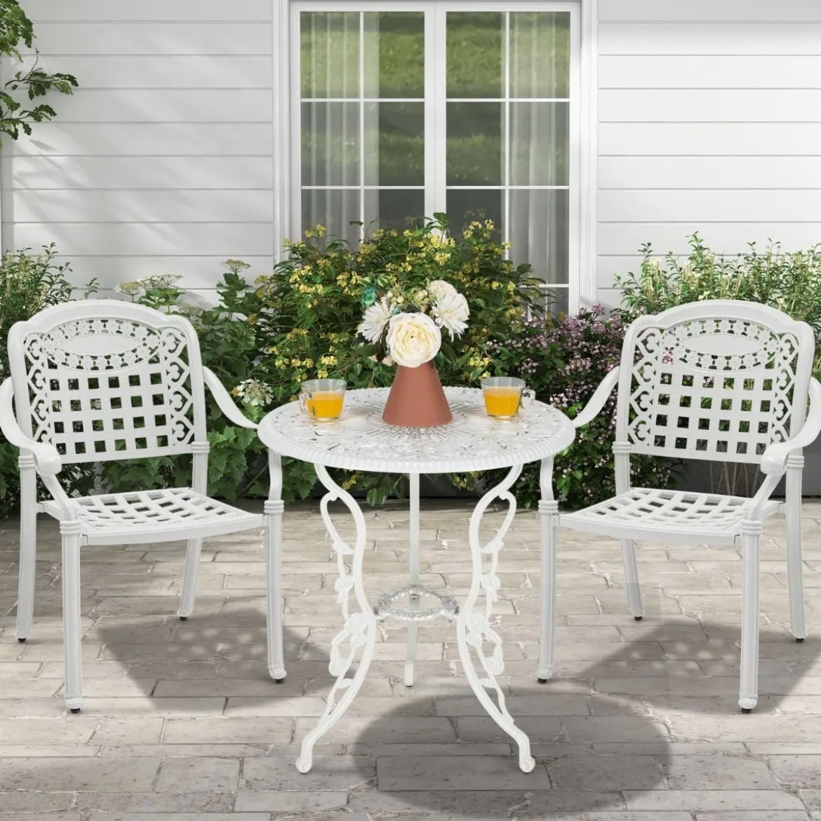 2er Set Gartenstühle aus Alu mit Armlehnen Stapelstühle Gartensessel für Balkon Weiß