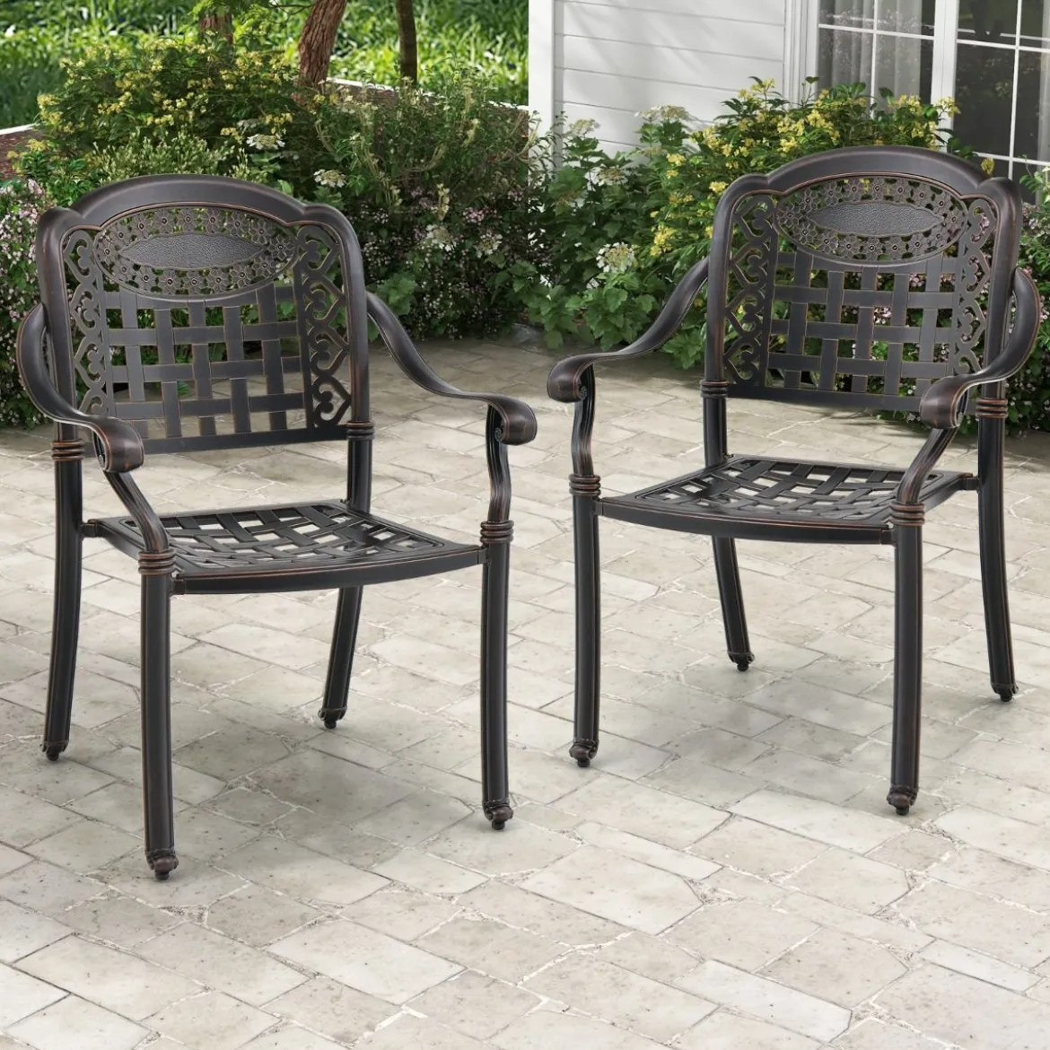 2er Set Gartenstühle aus Alu mit Armlehnen Stapelstühle Gartensessel für Balkon