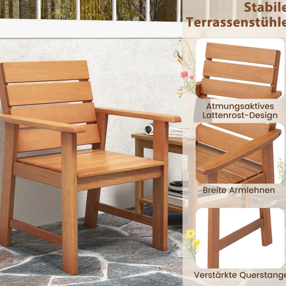 2er Set Gartenstühle aus Hartholz Balkonstühle mit geneigter Rückenlehne 64 x 60,5 x 84 cm Natur