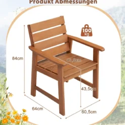 2er Set Gartenstühle aus Hartholz Balkonstühle mit geneigter Rückenlehne 64 x 60,5 x 84 cm Natur