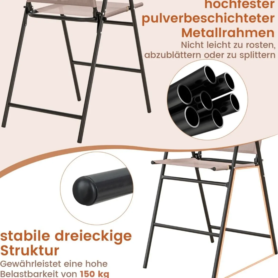 2er Set Gartenstühle hohe Klappstühle mit Fußstütze Sitzhöhe 63 cm Beige + Metall