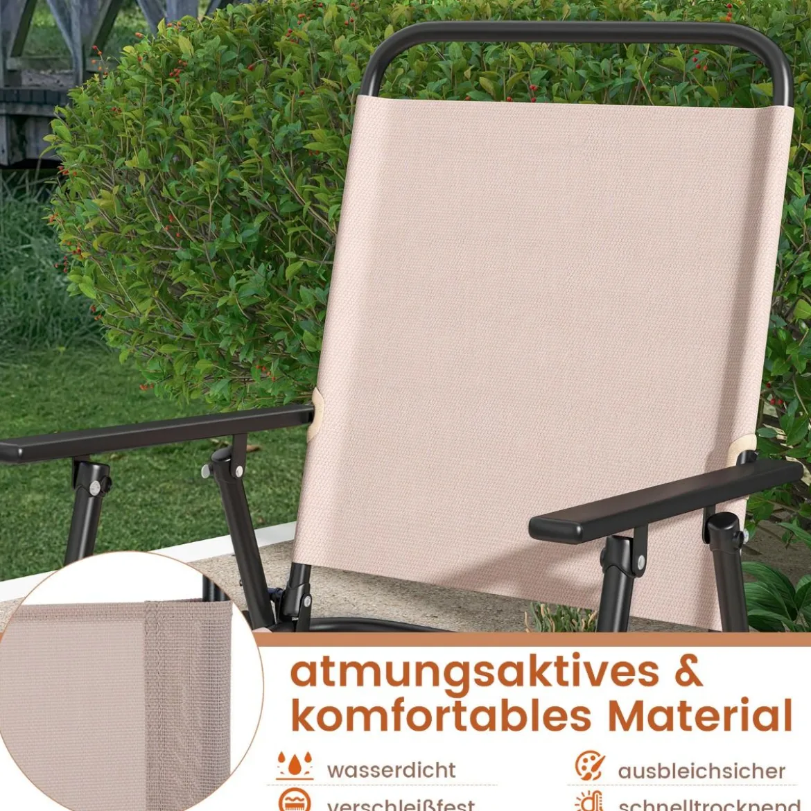 2er Set Gartenstühle hohe Klappstühle mit Fußstütze Sitzhöhe 63 cm Beige + Metall