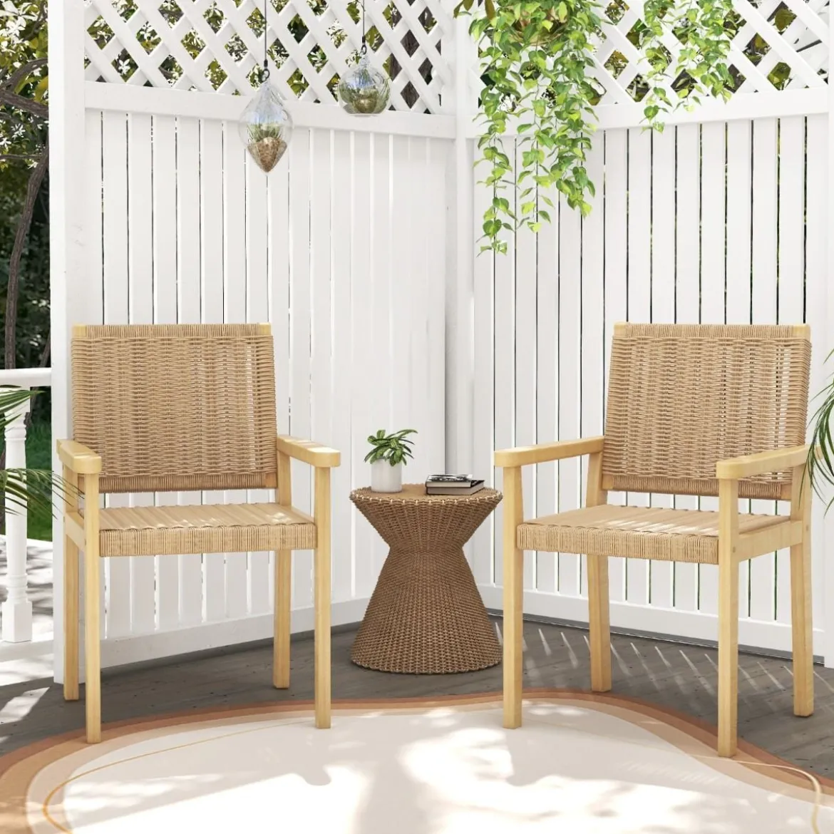 2er Set Gartenstühle Holz Esszimmerstühle mit Seilgeflecht & Rückenlehne & Armlehne Natur