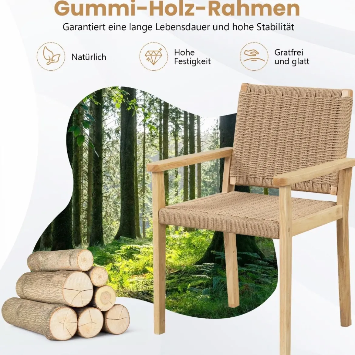 2er Set Gartenstühle Holz Esszimmerstühle mit Seilgeflecht & Rückenlehne & Armlehne Natur