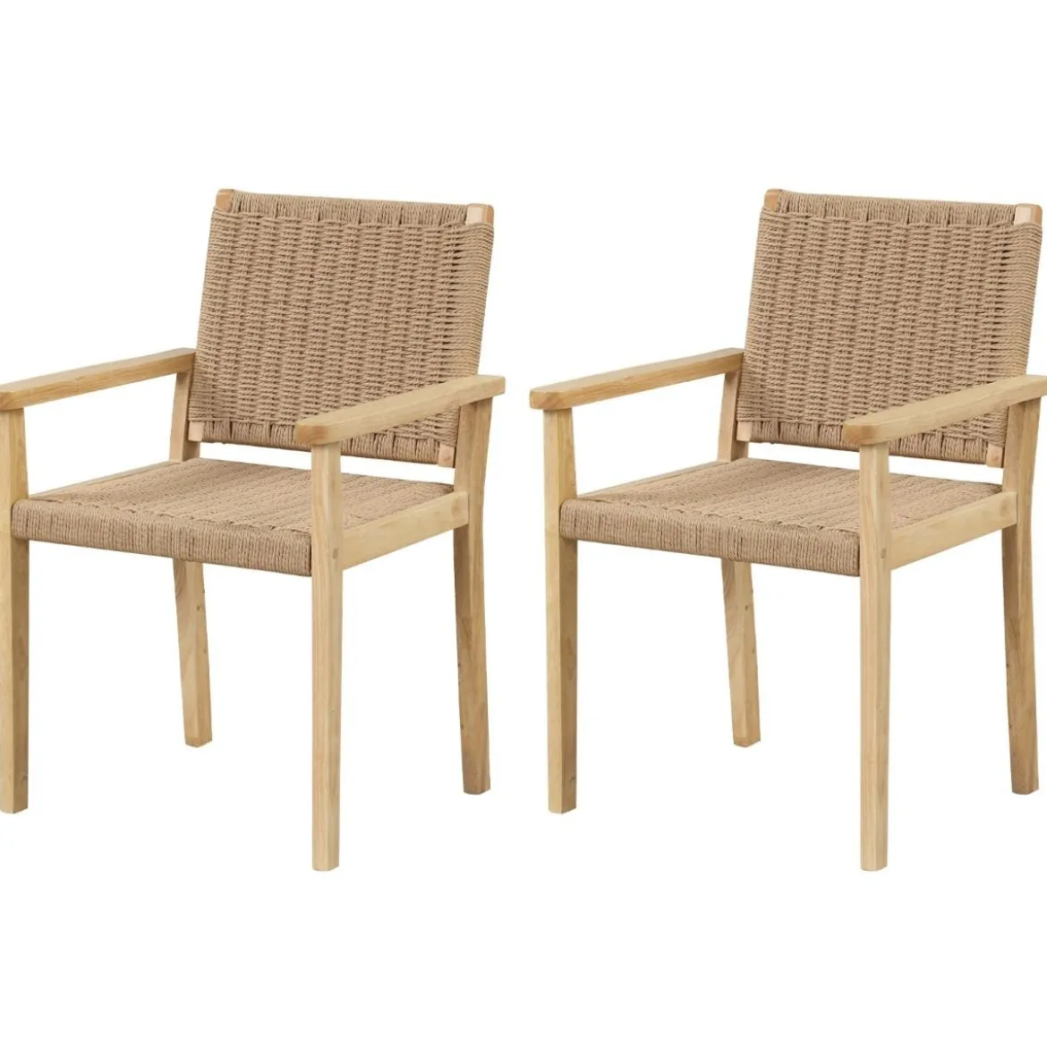2er Set Gartenstühle Holz Esszimmerstühle mit Seilgeflecht & Rückenlehne & Armlehne Natur