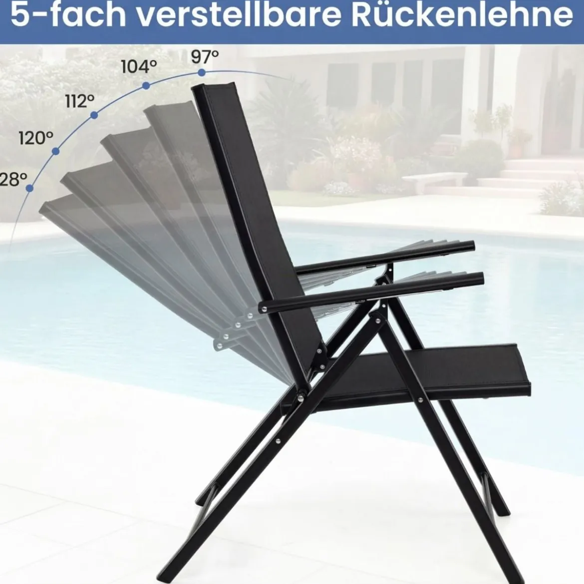 2er-Set Gartenstühle klappbarer Balkonstuhl mit 5-fach verstellbarer Rückenlehne & Armlehnen Schwarz